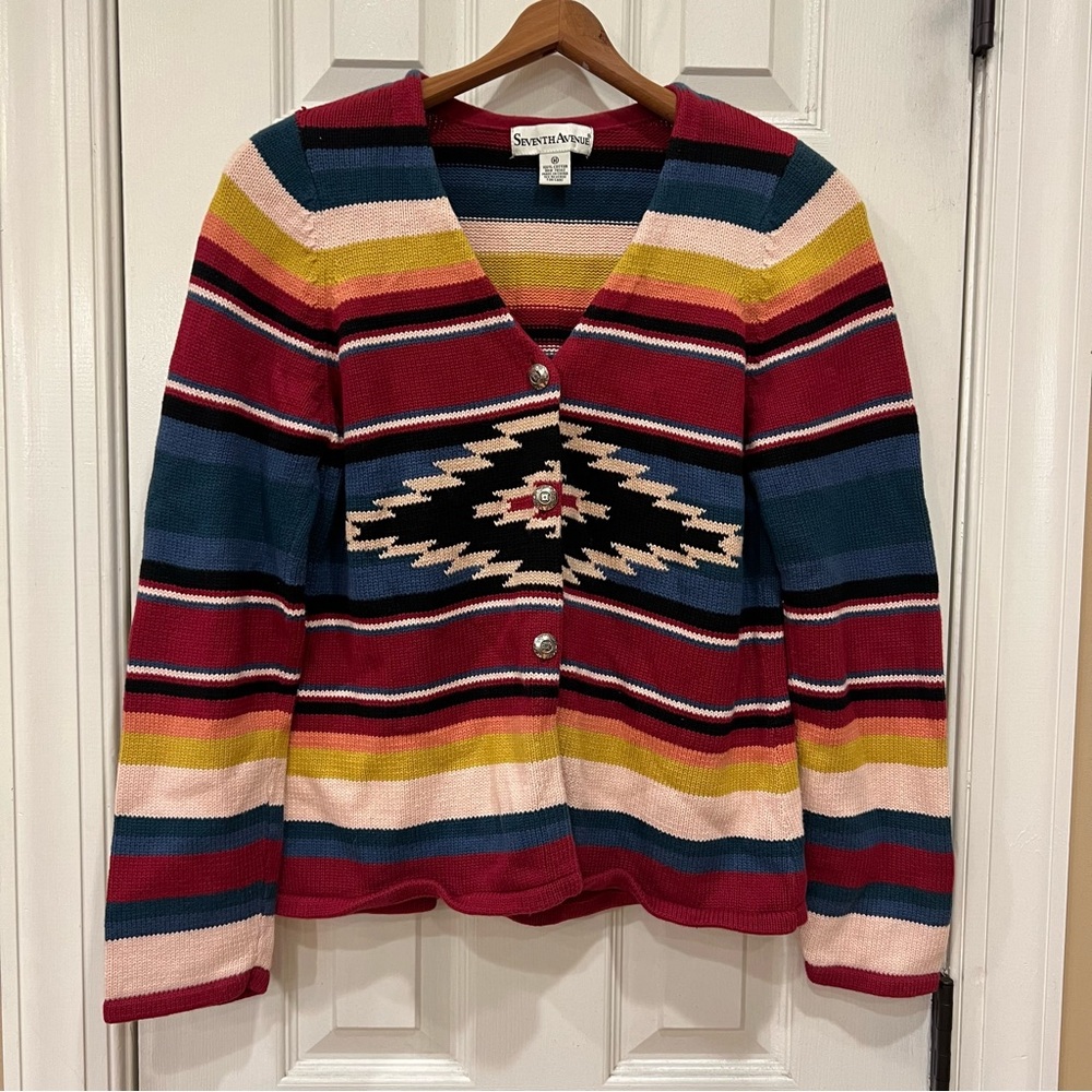 Vintage 90s Aztec Southwestern Cardigan Sweater with Silver Buttons Western M